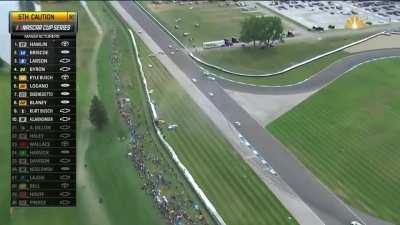 A kerb fails during a NASCAR race on the Indianapolis Road Course, causing multiple cars to crash out of the race, 15/08/2021