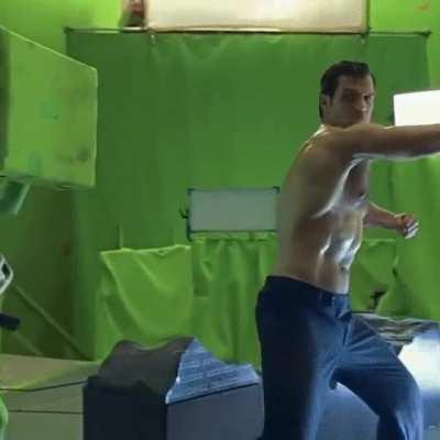 Henry Cavill behind the scenes of Justice League