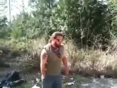 Man is unaware the 5 gallons of gasoline he poured has created an explosive bomb