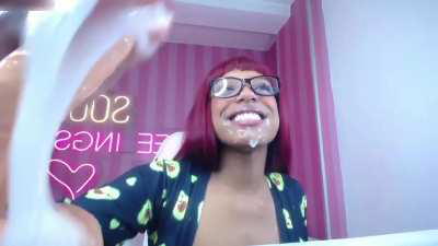 Hot Ebony Slurps and Plays With Her Thick Saliva