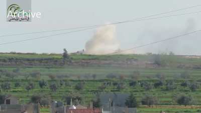 FSA hit an Assad regime T-72 on the Halfaya front with a TOW missile and forced them to withdraw - Hama -  05/04/2017