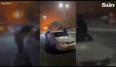 Different vantage points of explosion and after math fuled by electronic car battery near airport.