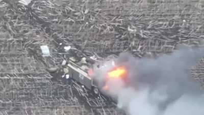 FPV drone hits Russian infantry truck, on his way to Pokrovsk region. (Music from source)