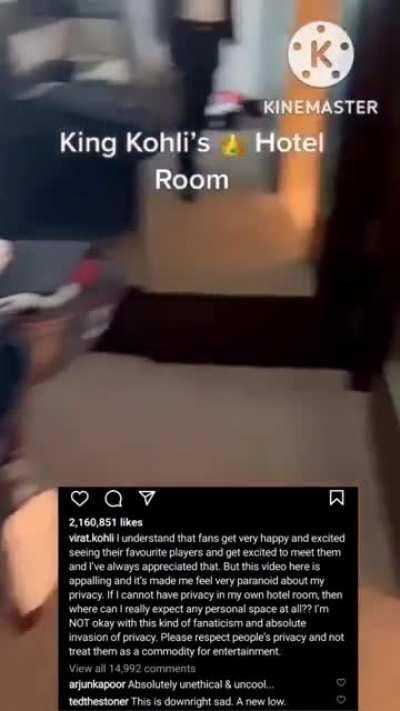 Hotel staff records cricketer Virat Kohli's room and shares it online.