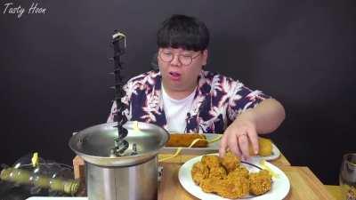 Guy loaded cheese in chocolate fountain machine