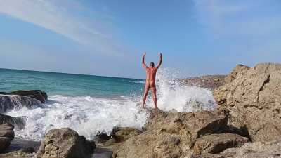 Splash!! Sunny winter nudist time
