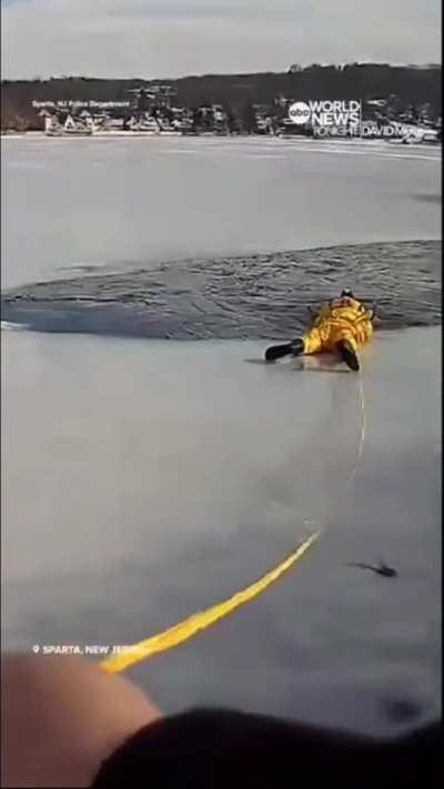 Evil police officer pulls dog into a frozen lake and crawls away.