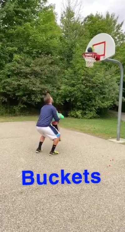 Wait for it! (and maybe don’t try this at home...). My 6’5” nephew and his basketball-loving 3-year-old son. :)