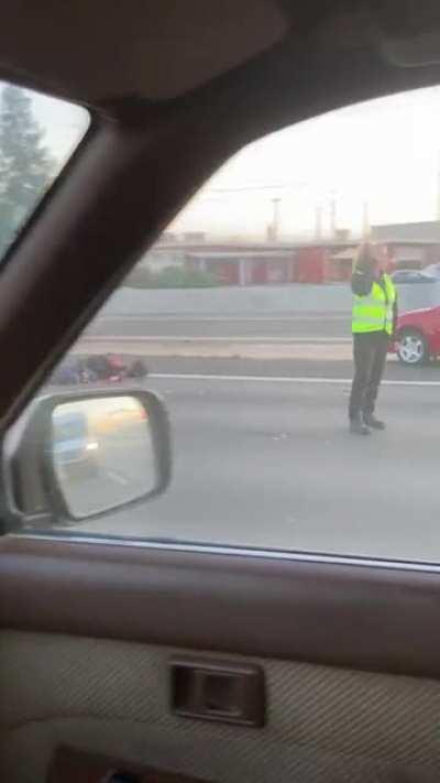 Modesto, CA motorcycle and multi car accident during morning commute.