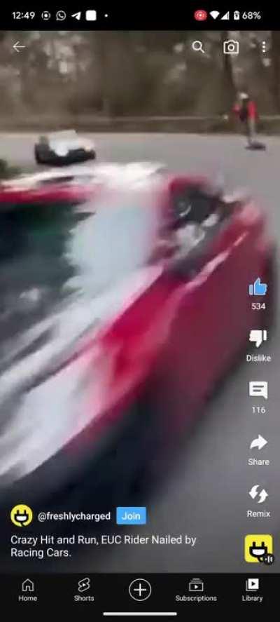 Electric Unicycle collides head on with car. Hit and run, EUC rider is ok just broken a pedal.