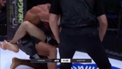 Instead of a glove touch he goes for a flying Knee and immediately pays for it