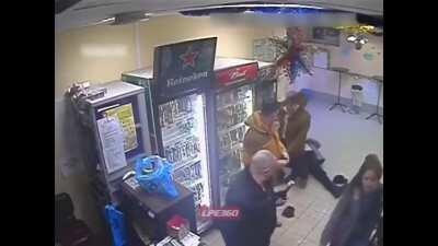 Russian girl saves a drunk man from a violent asshole