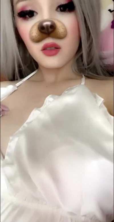 Top can’t seem to stay on these half-Japanese tits