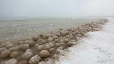 Ice Balls formed along the Winter shores on Lake Michigan.