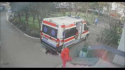 Ambulance Driver Doesn't See Elderly Man Walking Behind, Runs Him Over..