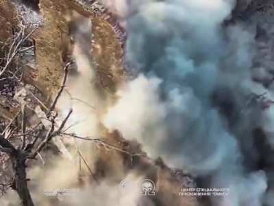 A russian soldier was tracked by a Ukrainian drone of the Omega group. Several FPVs were sent that systematically destroyed his cover and collapsed the ruins. October 2025.