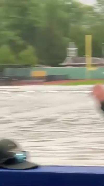 Tim, entertaining the masses during a rain delay