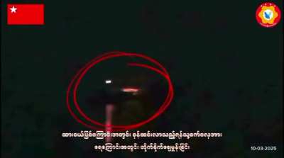 [Myanmar/Burma] Anti-military junta guerrillas fire at an army container ship on the Dawei River. (night of March 10th; music from source)