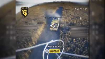 Ukrainian FPV pilots attacked Russian soldiers riding a UAZ Bukhanka, which was also transporting ammunition and fuel to the frontline. near Pokrovsk, Donetsk Oblast.