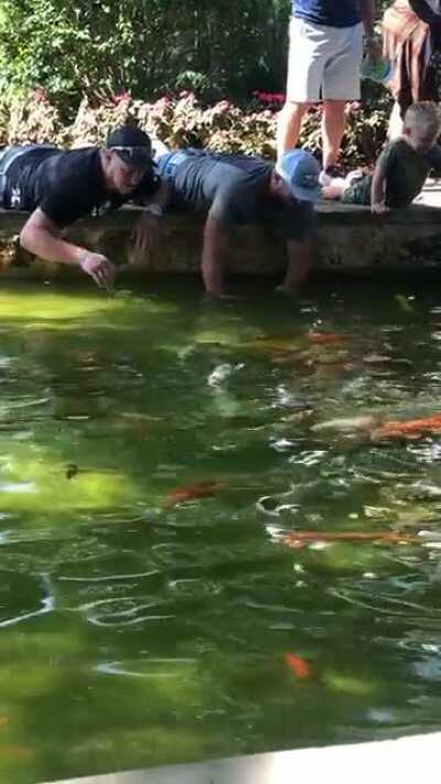 Mask less family at the Dallas Arboretum trying to catch the koi fish with their hands.