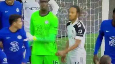 Bobby Reid undoing Mendy's gloves to distract him during a corner (Chelsea vs Fulham)