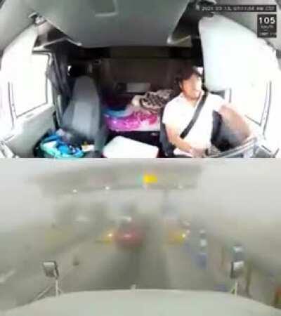 Truck, plus car, plus pole.