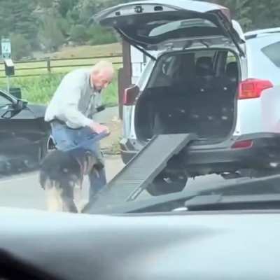 This elderly man taking care of his elderly dog