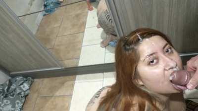 Latina takes a huge facial and loves it