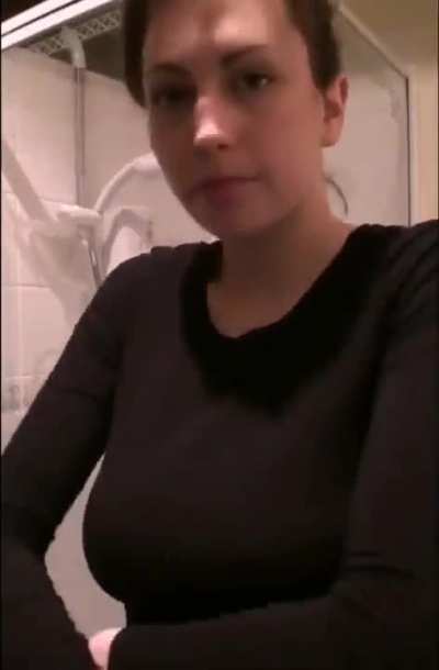 Undressing three layers, beautiful big tits, boobs, titty drop