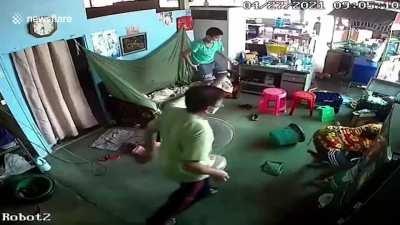 Worker gets nailed by a tire.