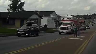 Flipping off cars while jaywalking
