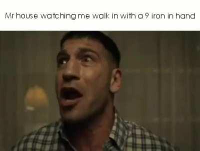 A man chooses, a slave lodges a 9 iron into mr houses head