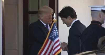 Remember the infamous Trump pull-in handshake? He immediately stopped doing this after Trudeau showed him how weak he actually is.