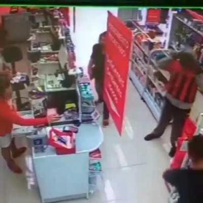 Thief pretending to be armed surrenders to employee pretending to be armed.