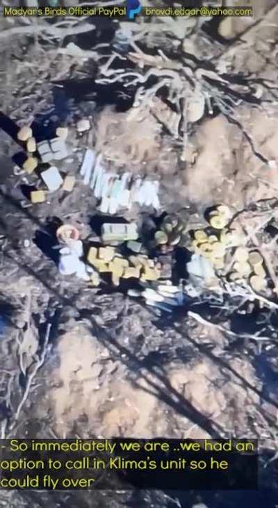 Madyar - UA drone recon. Locating and destroying an ru ammunition pile in Bahmut area with the help of the 3rd artillery brigade. Morning 25 Jan. Subtitled