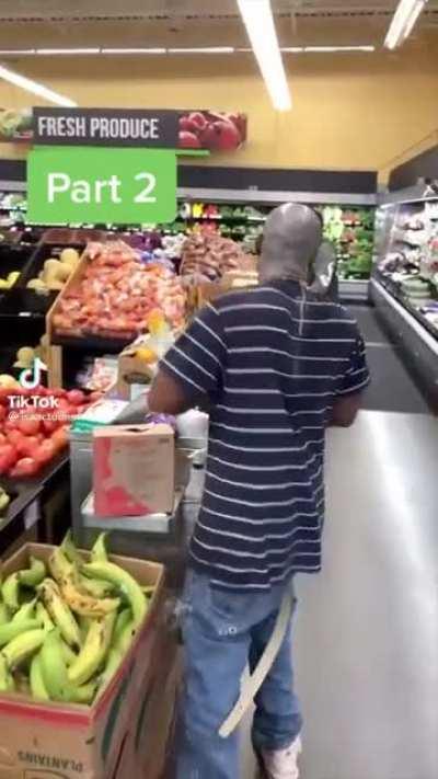 A disoriented shopper makes a chaotic mess at the grocery store