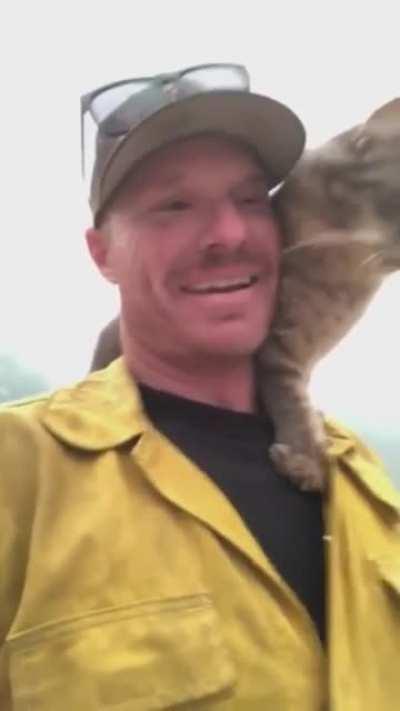 A firefighter being thanked by a very friendly cat after rescuing it from a wildfire.