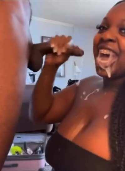 Brace-faced cutie takes a mouthful