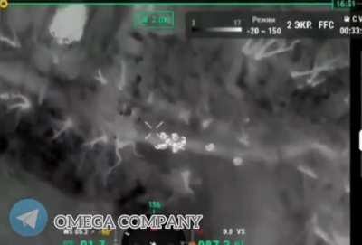 Ukrainian drone with thermal sights drops a munition onto a group of Russian soldiers at night (Unknown date and location)