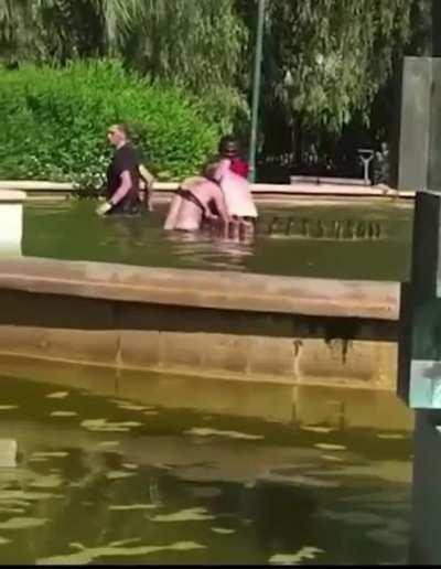 Man tries to drown a woman in a public fountain, bypassers beat him up and rescue her