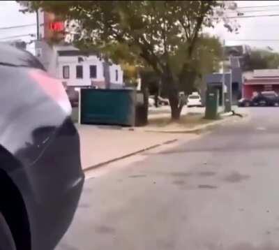 This guy hitting over a porta potty while someone’s in it