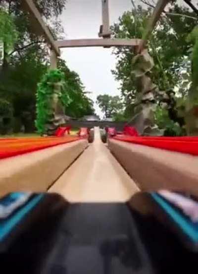 A first person view of a Hot-wheels race.