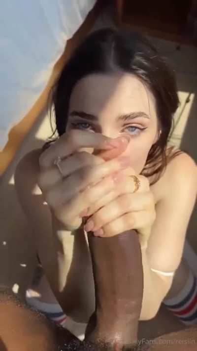 Hot combination: girl with Sexy blue eyes sucking BBC!