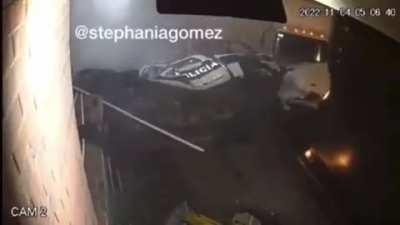 Cop vehicle is smashed by a truck