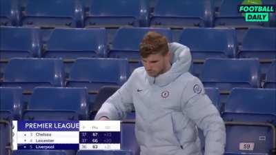 Werner does a little celebratory dance after Chelsea down Leicester 2-1.