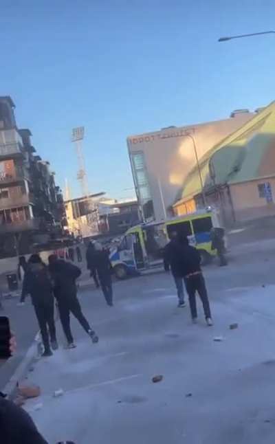 Police van seized by rioters in the city of Örebro, Sweden