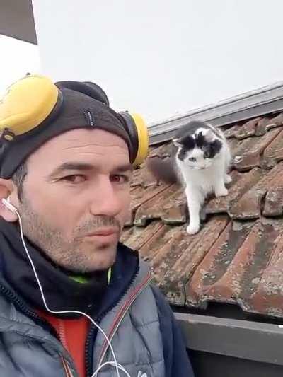 Man doing a cat impression in front of an actual cat.