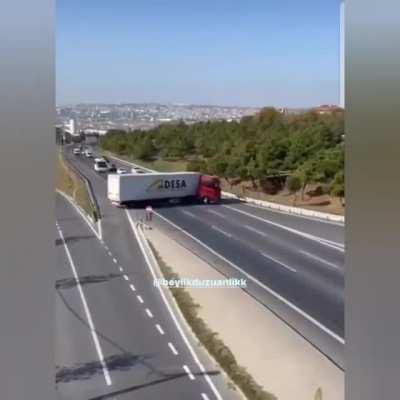 Truck driver entered the road from the opposite direction, blocked all lanes