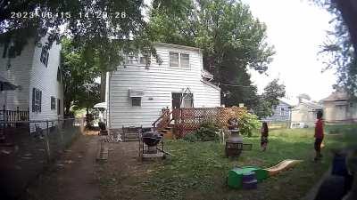 While introducing my daughter's 2 friends to my dog, my neighbor yells while laughing, 