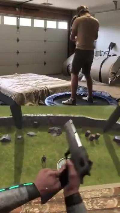 Advantages of wireless headsets: fist front flip trick shot in VR history. 